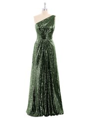 One Shoulder Long Sequins Gown Olive Green