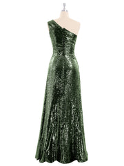 One Shoulder Long Sequins Gown Olive Green