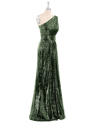 One Shoulder Long Sequins Gown Olive Green