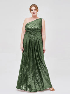 One Shoulder Long Sequins Gown Olive Green Plus Size