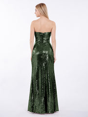 Strapless Full Length Sequins Dress Olive Green