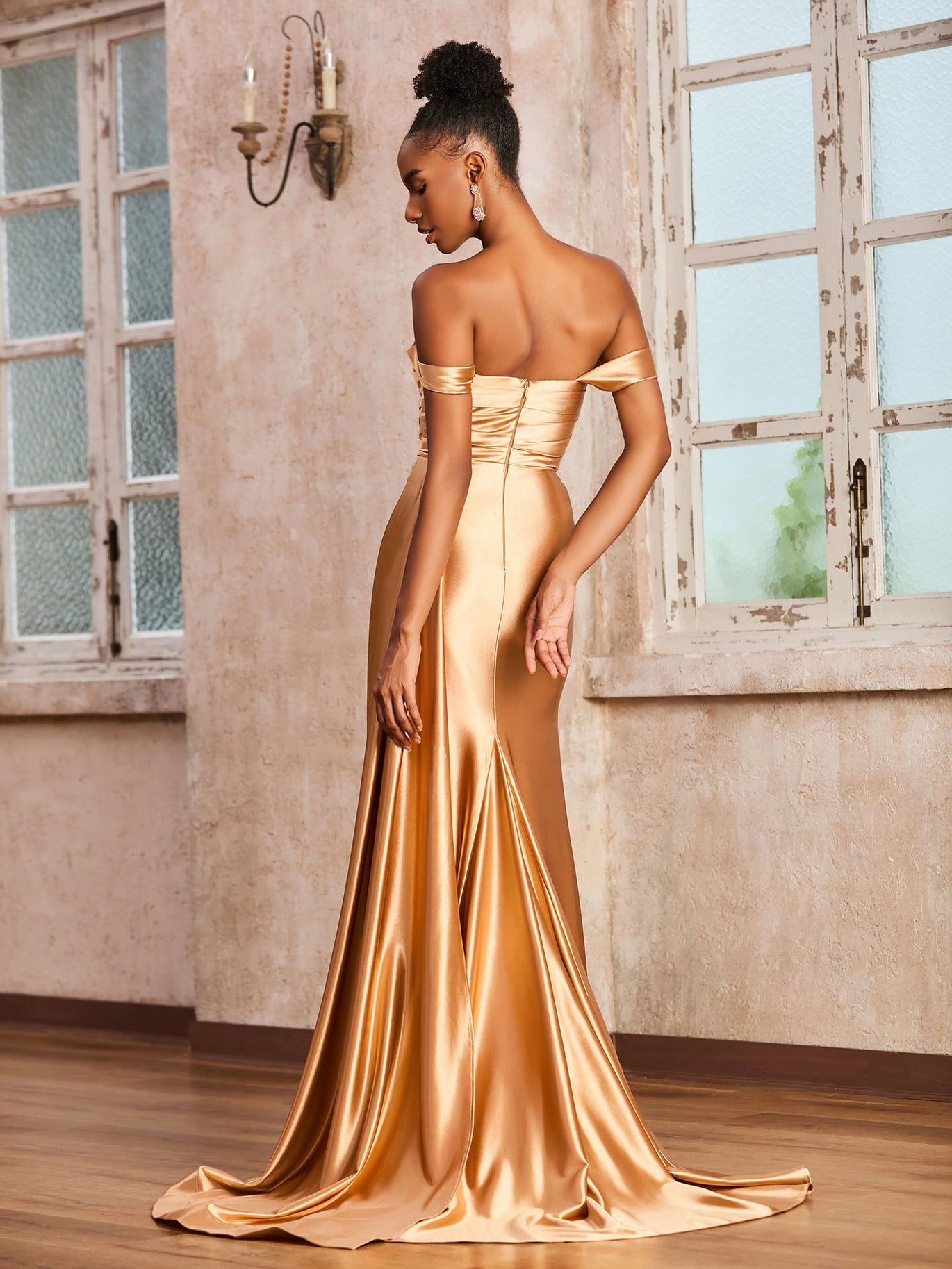 BABARONI Off Shoulder Stretch Satin Dress with Sweep Train Dusk, Dusk / US0 BABARONI Off Shoulder Stretch Satin Dress with Sweep Train Dusk, Dusk / US0