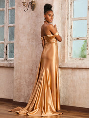 Off Shoulder Stretch Satin Dress with Sweep Train Tangerine