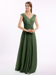 Cap Sleeves Chiffon and Lace Dress with V NECK Olive Green
