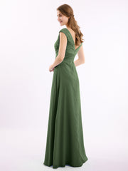 Cap Sleeves Chiffon and Lace Dress with V NECK Olive Green Plus Size