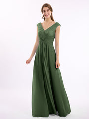 Cap Sleeves Chiffon and Lace Dress with V NECK Olive Green