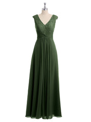 Cap Sleeves Chiffon and Lace Dress with V NECK Olive Green