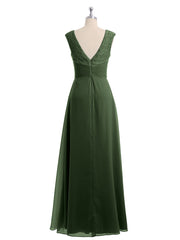 Cap Sleeves Chiffon and Lace Dress with V NECK Olive Green