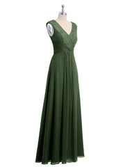 Cap Sleeves Chiffon and Lace Dress with V NECK Olive Green