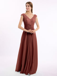 Cap Sleeves Chiffon and Lace Dress with V NECK Terracotta