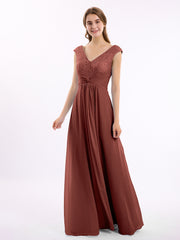 Cap Sleeves Chiffon and Lace Dress with V NECK Terracotta