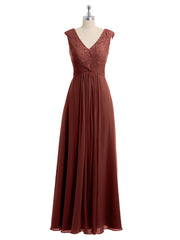 Cap Sleeves Chiffon and Lace Dress with V NECK Terracotta