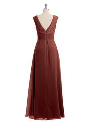 Cap Sleeves Chiffon and Lace Dress with V NECK Terracotta