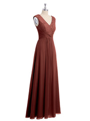 Cap Sleeves Chiffon and Lace Dress with V NECK Terracotta