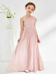 BABARONI Chiffon Dusk Junior Bridesmaid Dresses A-line One Shoulder Short Sleeve Ruched Floor-length, Dusk / J4