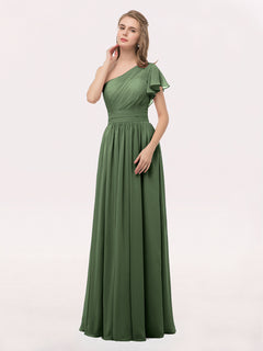 One Shoulder Flutter Sleeve Chiffon Gown Olive Green