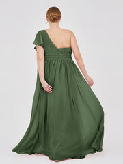 One Shoulder Flutter Sleeve Chiffon Gown Olive Green