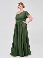 One Shoulder Flutter Sleeve Chiffon Gown Olive Green
