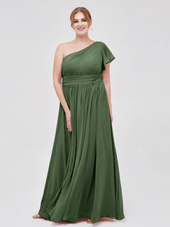 One Shoulder Flutter Sleeve Chiffon Gown Olive Green Plus Size