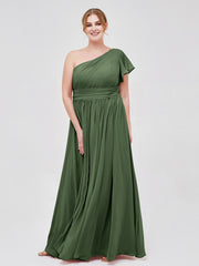 One Shoulder Flutter Sleeve Chiffon Gown Olive Green