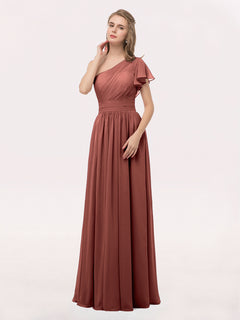 One Shoulder Flutter Sleeve Chiffon Gown Terracotta