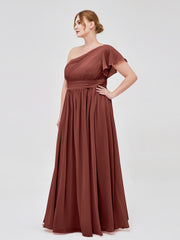 One Shoulder Flutter Sleeve Chiffon Gown Terracotta