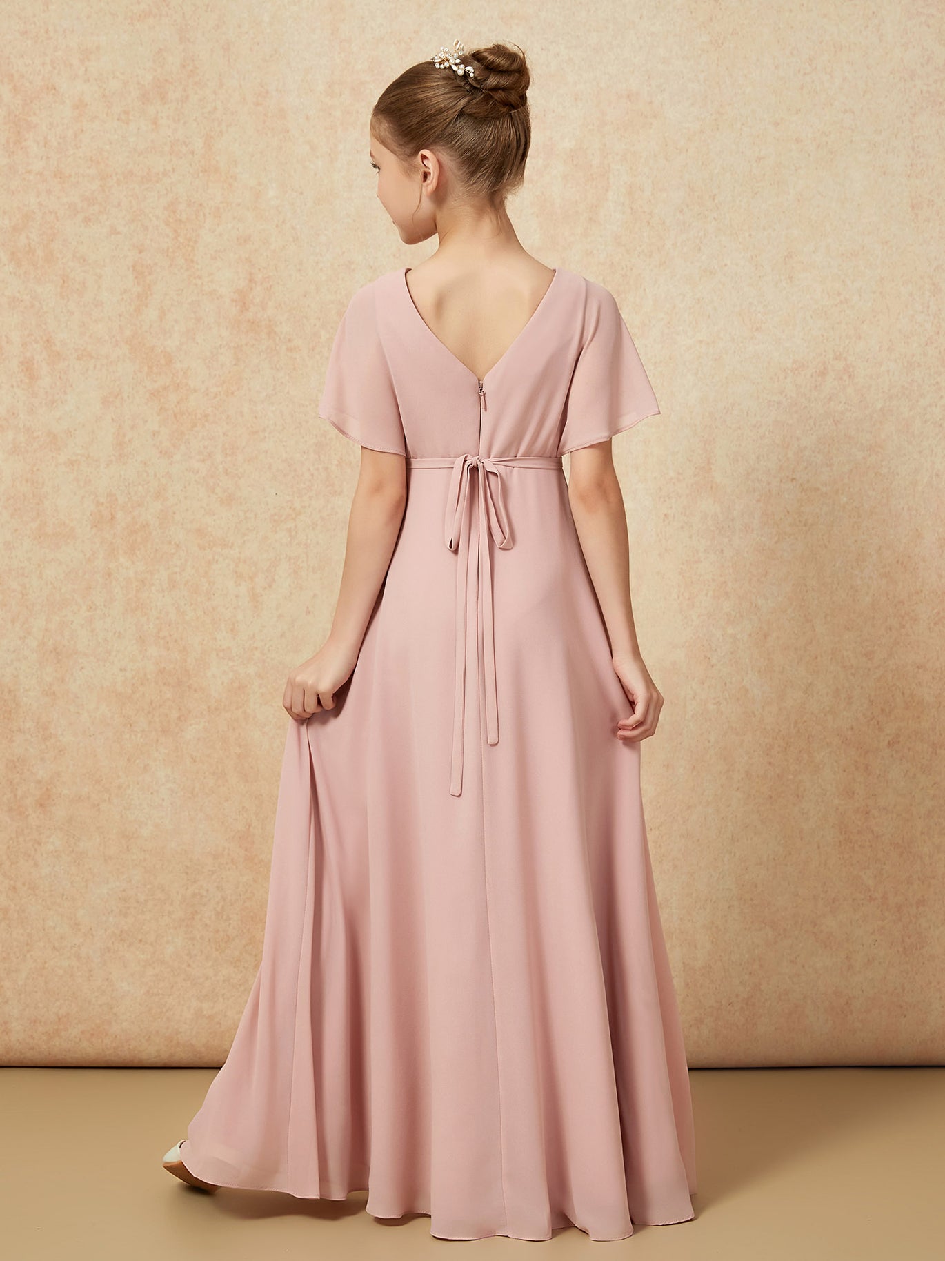 BABARONI Tulle Peach Junior Bridesmaid Dresses A-line V-neck Sleeveless Bow Sash Floor-length, Peach / J4