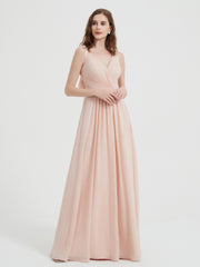 Open Back Chiffon Dresses with V neck Pearl Pink