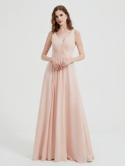 Open Back Chiffon Dresses with V neck Pearl Pink