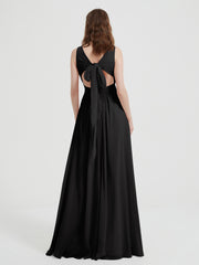 Open Back Chiffon Dresses with V neck Black