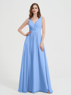 Open Back Chiffon Dresses with V neck Blue Plus Size