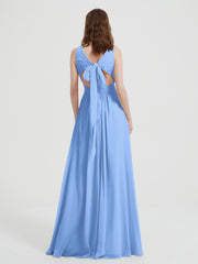 Open Back Chiffon Dresses with V neck Blue Plus Size