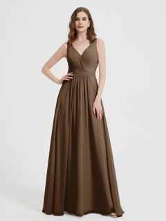 Open Back Chiffon Dresses with V neck Brown