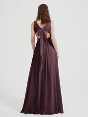 Open Back Chiffon Dresses with V neck Cabernet