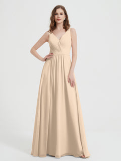 Open Back Chiffon Dresses with V neck Champagne