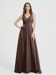 Open Back Chiffon Dresses with V neck Chocolate