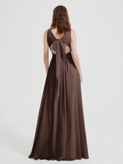 Open Back Chiffon Dresses with V neck Chocolate