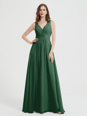 Open Back Chiffon Dresses with V neck Dark Green