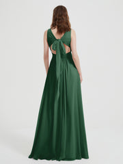 Open Back Chiffon Dresses with V neck Dark Green