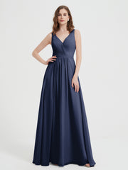 Open Back Chiffon Dresses with V neck Dark Navy