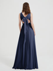 Open Back Chiffon Dresses with V neck Dark Navy