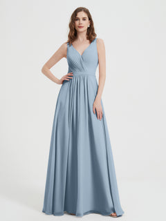 Open Back Chiffon Dresses with V neck Dusty Blue Plus Size