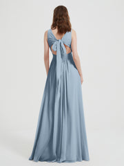 Open Back Chiffon Dresses with V neck Dusty Blue