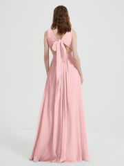 Open Back Chiffon Dresses with V neck Dusty Rose