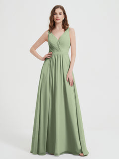 Open Back Chiffon Dresses with V neck Dusty Sage Plus Size