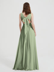 Open Back Chiffon Dresses with V neck Dusty Sage