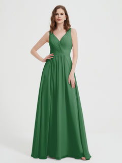 Open Back Chiffon Dresses with V neck Emerald