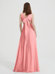 Open Back Chiffon Dresses with V neck Flamingo