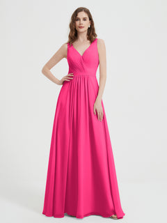 Open Back Chiffon Dresses with V neck Fuchsia