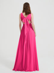 Open Back Chiffon Dresses with V neck Fuchsia